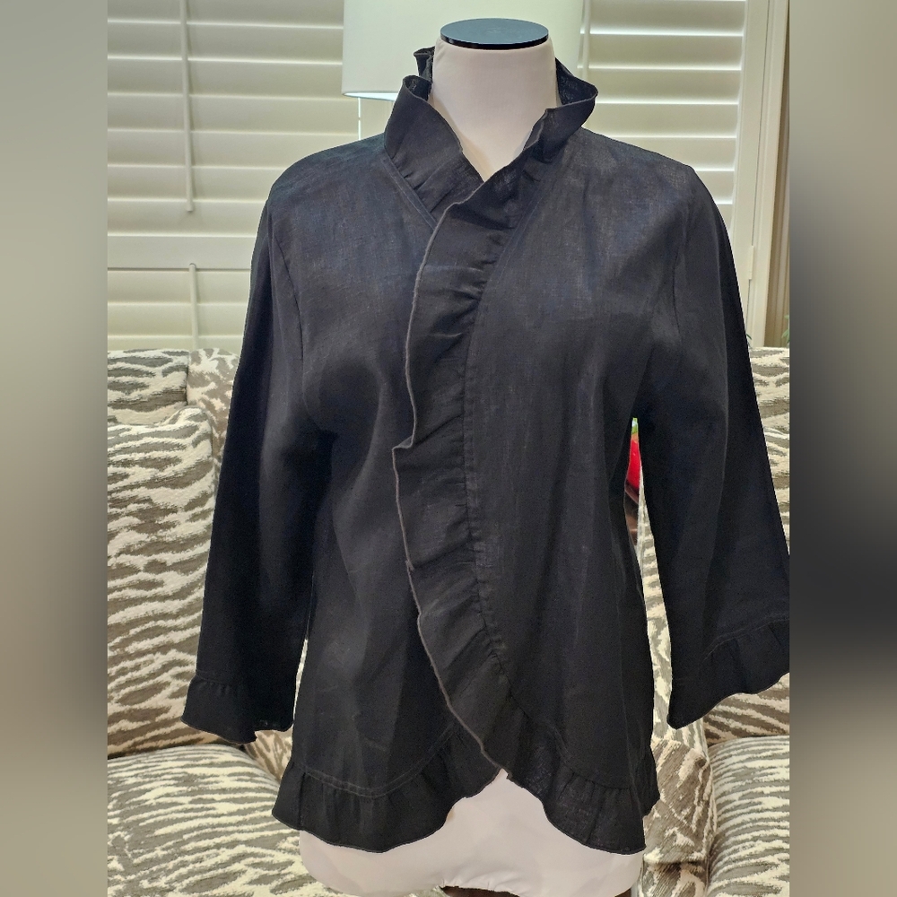 What’s Up Brand Black Ruffled Edges 100% Linen Jacket/Top  3/4 Sleeves Medium